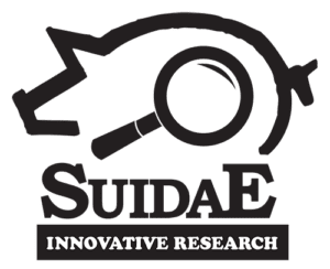 Logo for Suidae Innovative Research. It features a stylized silhouette of a pig with a magnifying glass incorporated into the design. Below the image, "Suidae" appears in large font, while "Innovative Research" is displayed smaller underneath.
