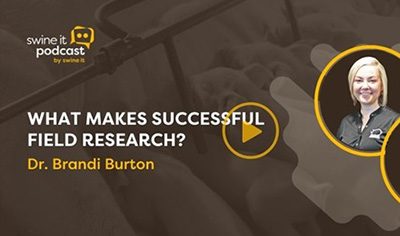 A promotional graphic for the "Swine It Podcast" featuring Dr. Brandi Burton discussing "What Makes Successful Field Research?" is displayed prominently. A play button icon is included, and Dr. Brandi Burton's headshot appears in a circular frame on the right, highlighting her innovative research in Suidae studies.