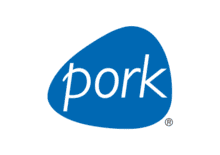 A blue, asymmetrical, oval-shaped logo with the word "pork" written in white lowercase letters diagonally across it, showcasing its PQA Plus adherence.