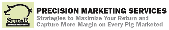 Image of a logo and text. The logo features a stylized pig's head with the text "Suidae Health & Production." Next to the logo, the text reads: "PRECISION MARKETING SERVICES - Strategies to Maximize Your Return, Capture More Margin on Every Pig Marketed. Optimize your SEO keywords for effective Production Records management.