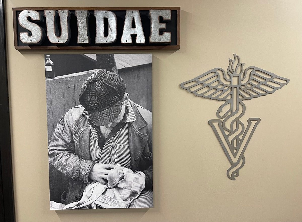 A wall display features a black-and-white photo of a person wearing a hat, leather jacket, and plaid shirt, sitting down and holding a cloth. Above the photo is a sign with the word "SUIDAE," symbolizing herd health, and to the right is a caduceus with a letter "V" beneath it.