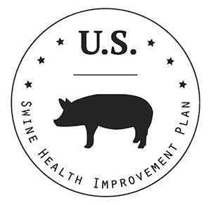 A circular logo with the text "U.S." at the top, a silhouette of a pig in the center, and the words "Swine Health Improvement Plan" around the bottom. Stars are placed around the logo, symbolizing preparedness for any health disaster.