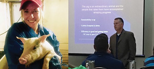 The image is split into two sections. On the left, a person in a blue outfit and red cap is smiling and holding a piglet. On the right, a person in a brown suit is speaking in front of a presentation screen, which displays text about sustainability and efficiency services related to pigs.