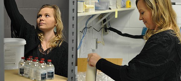 A woman with blonde hair and a black top is featured in two images showcasing her services. On the left, she is reaching up on a shelf in a storage area with bottles. On the right, she is in a lab or storage room, handling materials on a countertop.