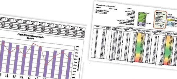 Two sheets of data: one shows a bar chart titled "Client XYZ variation analysis Q3–2013" with a line graph overlay, and the other displays a color-coded table titled "Operations Line analysis," detailing various metrics and performance data across different columns, highlighting key services.