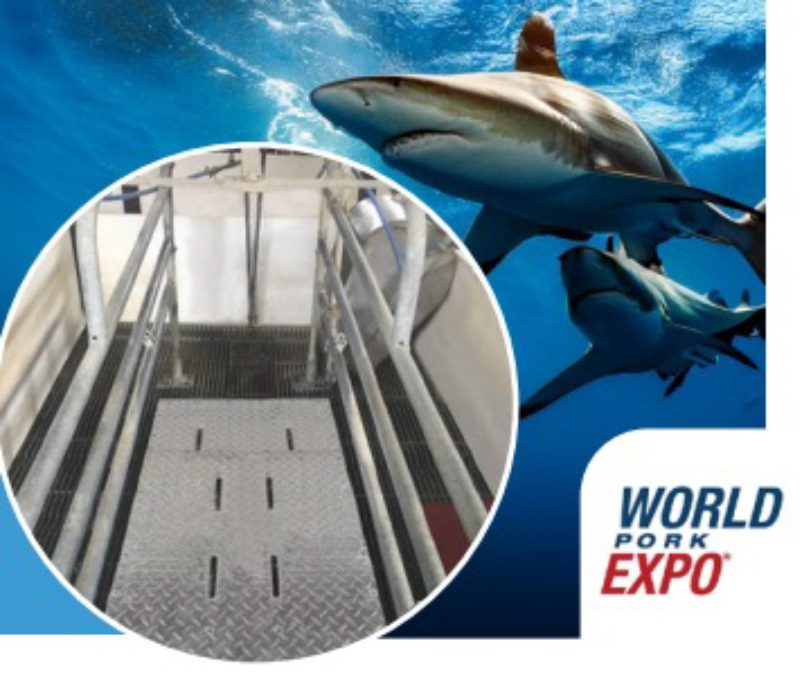An image showcasing a metal ramp inside a circular frame against a backdrop of swimming sharks, hinting at innovations for the 2024 New Product Tour. The World Pork Expo logo is in the bottom right corner, capturing the spirit of excitement embraced by National Hog Farmer enthusiasts.